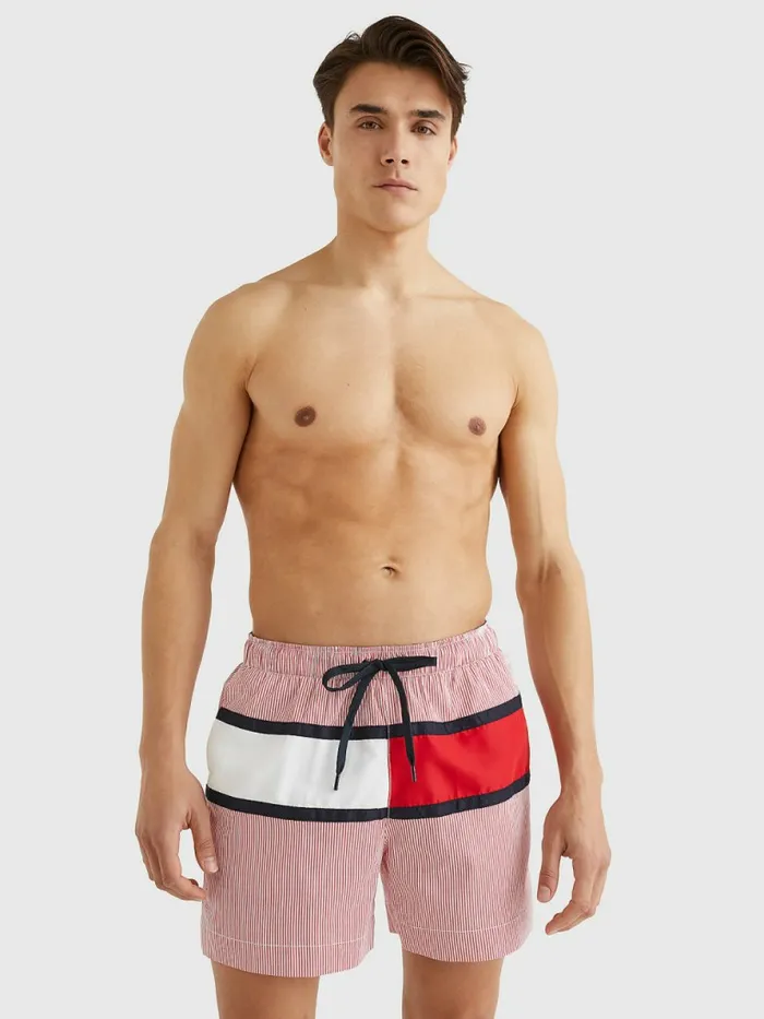 Tommy Hilfiger Ithaca Stripe ColourBlocked Mid Length Shorts Hilfiger Red Stripe Mens Swimwear On Sale