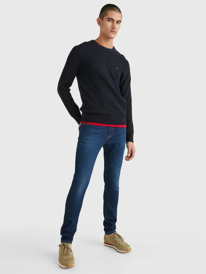 Tommy Hilfiger Knitted Grid Check Crew Neck Jumper Desert Sky Mens Knitwear Near Me