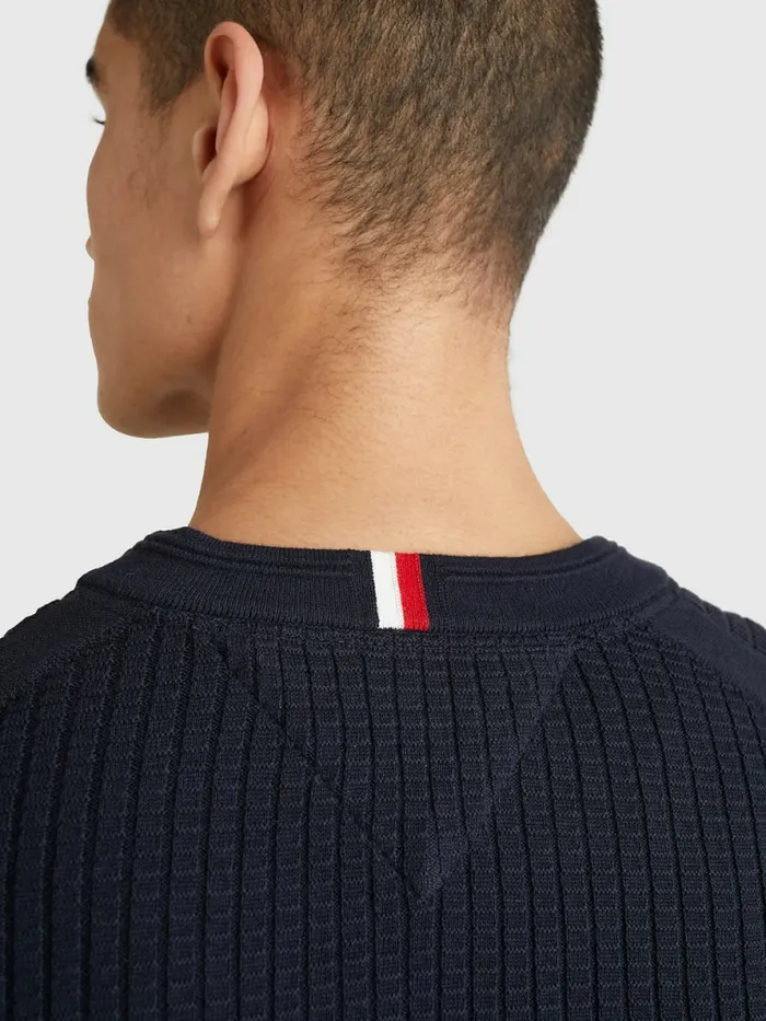 Tommy Hilfiger Knitted Grid Check Crew Neck Jumper Desert Sky Mens Knitwear Near Me