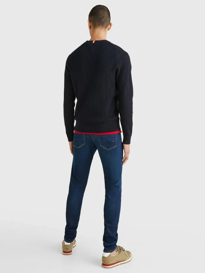 Tommy Hilfiger Knitted Grid Check Crew Neck Jumper Desert Sky Mens Knitwear Near Me