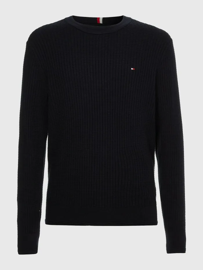 Tommy Hilfiger Knitted Grid Check Crew Neck Jumper Desert Sky Mens Knitwear Near Me