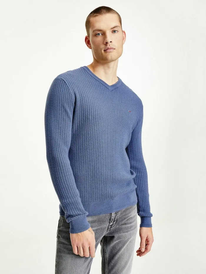 Tommy Hilfiger Knitted Grid Check VNeck Jumper Faded Indigo Mens Knitwear Cheap On Sale Tommy Hilfiger Knitted Grid Check VNeck Jumper Faded Indigo Mens Knitwear Cheap On Sale