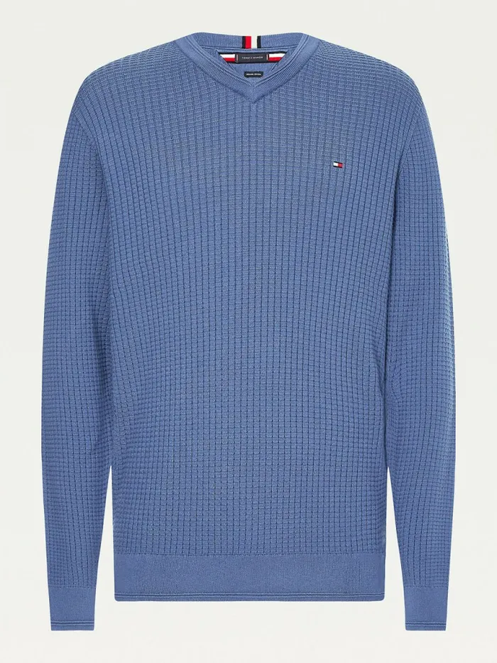 Tommy Hilfiger Knitted Grid Check VNeck Jumper Faded Indigo Mens Knitwear Cheap On Sale