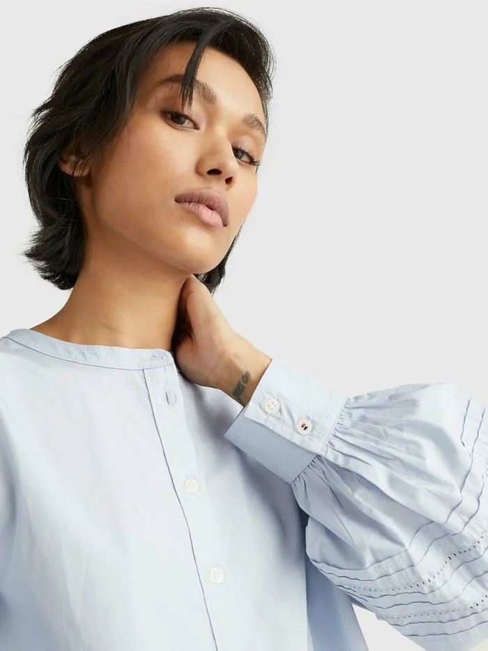 Tommy Hilfiger Ladder Lace Regular Fit Henley Blouse Breezy Blue Womens Shirts and Blouses Casaul