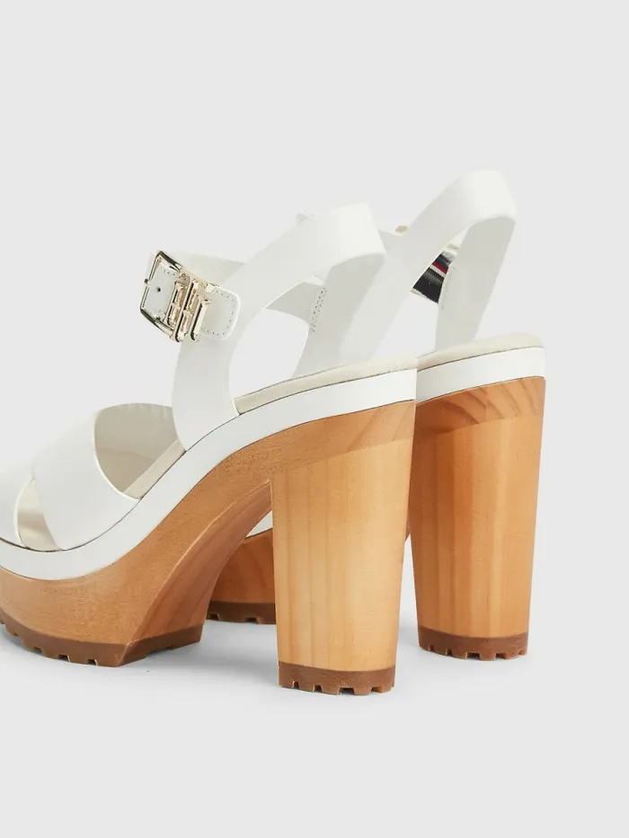 Tommy Hilfiger Leather High Heel Clog Sandals Ecru Womens Sandals Casaul