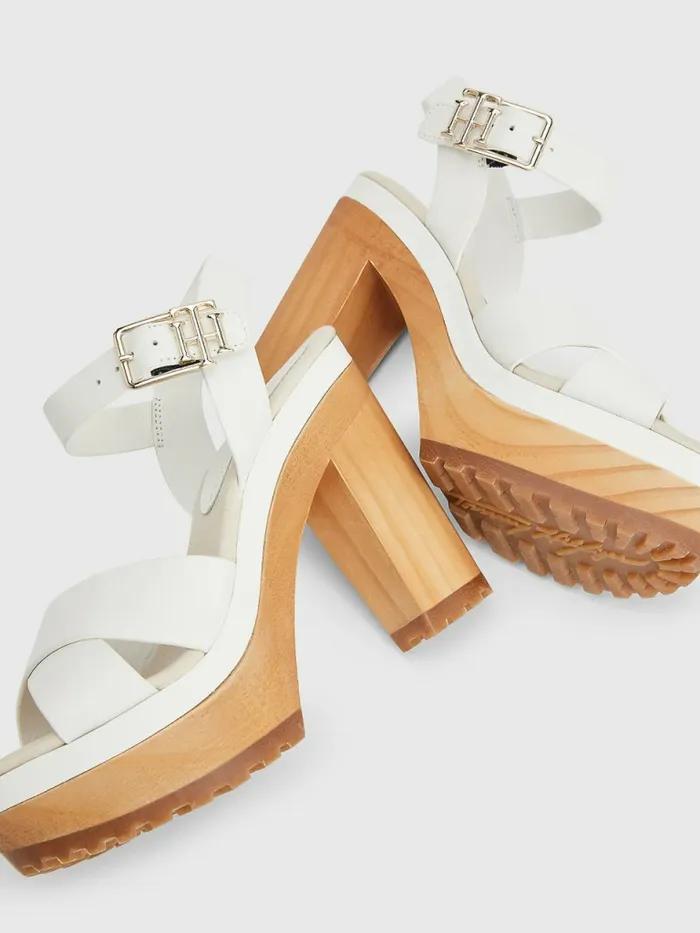 Tommy Hilfiger Leather High Heel Clog Sandals Ecru Womens Sandals Casaul