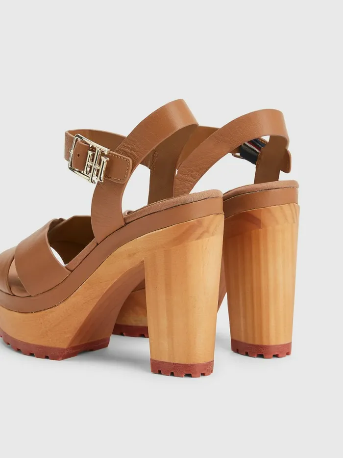 Tommy Hilfiger Leather High Heel Clog Sandals Summer Cognac Womens Sandals Sale