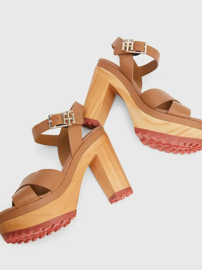 Tommy Hilfiger Leather High Heel Clog Sandals Summer Cognac Womens Sandals Sale