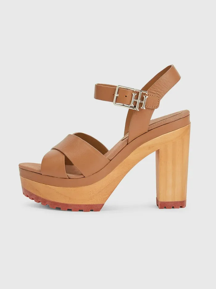 Tommy Hilfiger Leather High Heel Clog Sandals Summer Cognac Womens Sandals Sale