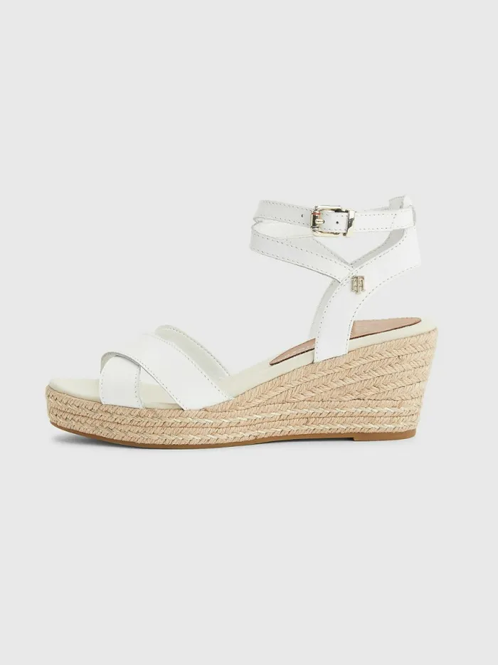 Tommy Hilfiger Leather Low Wedge Sandals Ecru Womens Sandals Gift Ideas