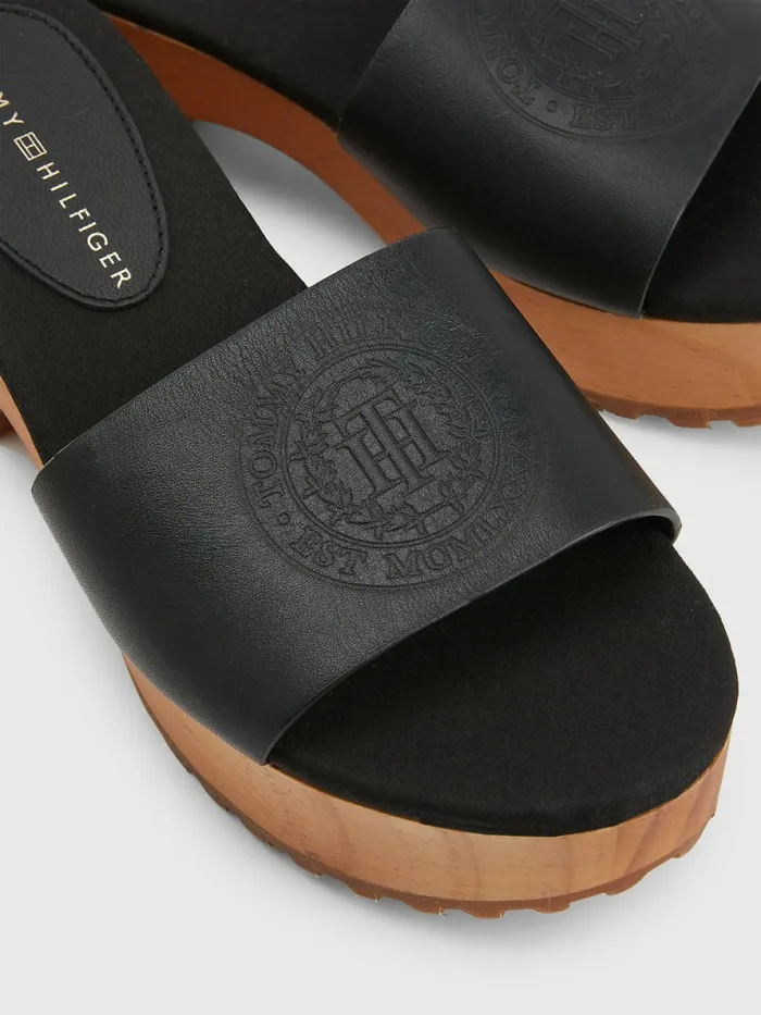 Tommy Hilfiger Leather Platform Heel Clog Sandals Black Womens Trainers Popular