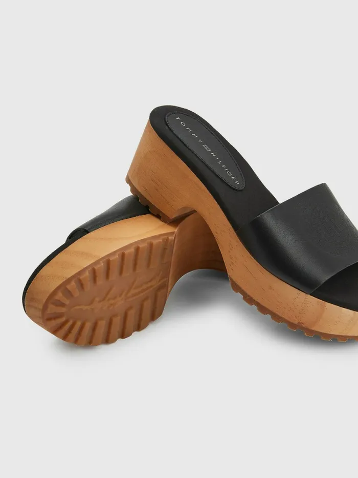Tommy Hilfiger Leather Platform Heel Clog Sandals Black Womens Trainers Popular