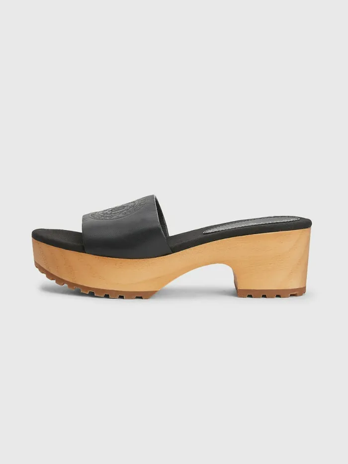 Tommy Hilfiger Leather Platform Heel Clog Sandals Black Womens Trainers Popular