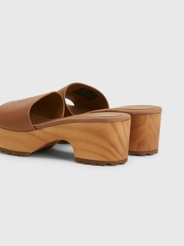 Tommy Hilfiger Leather Platform Heel Clog Sandals Summer Cognac Womens Sandals Casaul