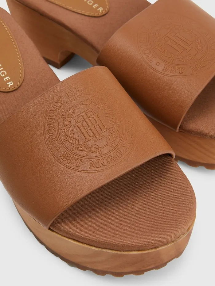 Tommy Hilfiger Leather Platform Heel Clog Sandals Summer Cognac Womens Sandals Casaul