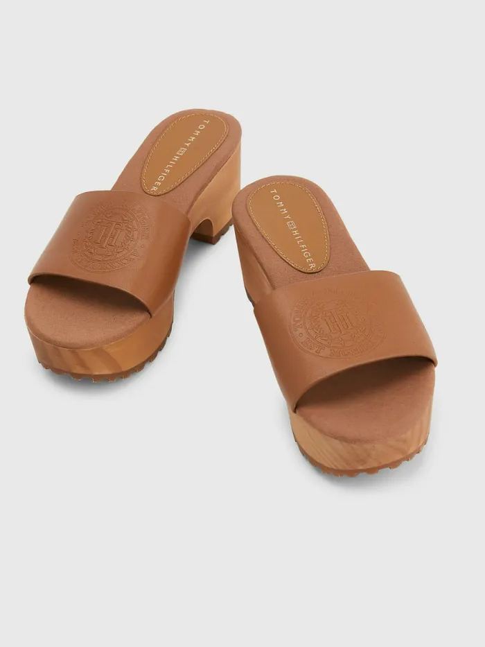 Tommy Hilfiger Leather Platform Heel Clog Sandals Summer Cognac Womens Sandals Casaul