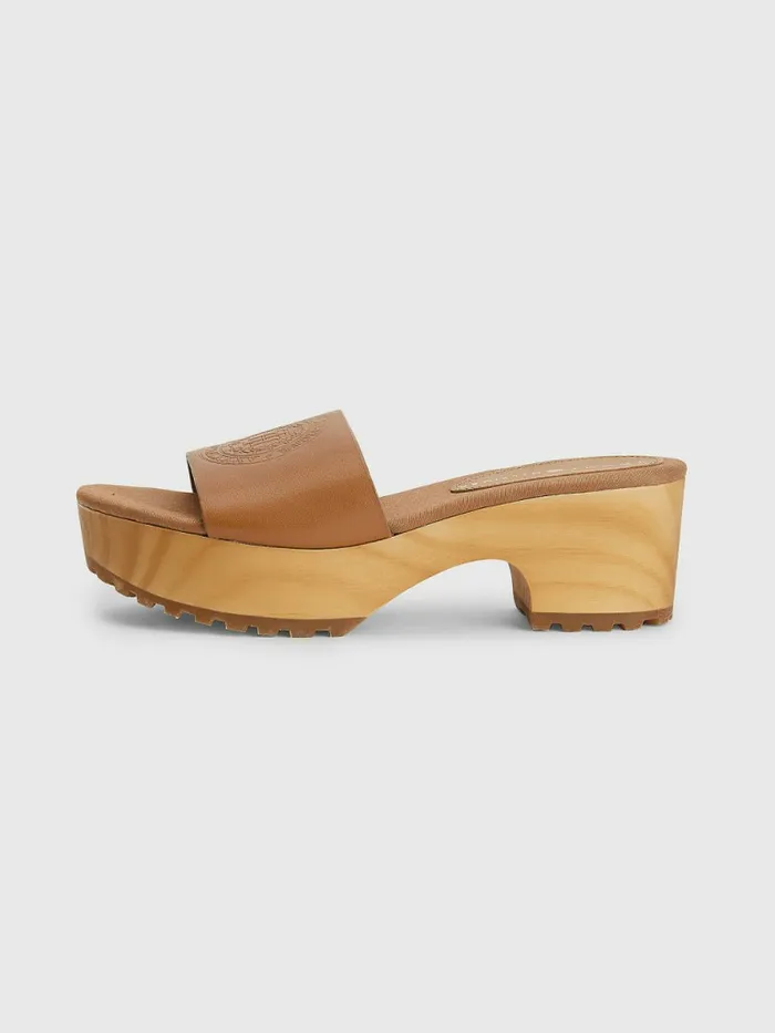Tommy Hilfiger Leather Platform Heel Clog Sandals Summer Cognac Womens Sandals Casaul