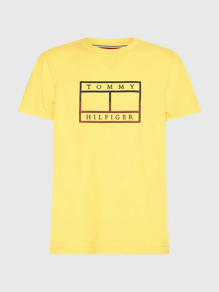 Tommy Hilfiger Linear Flag Embroidery TShirt Warm Yellow Mens TShirts Near Me