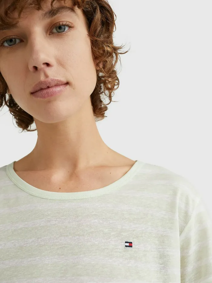Tommy Hilfiger Linen Blend Oversized TShirt Breton StpAccent Green White Womens TShirts Cheap On Sale
