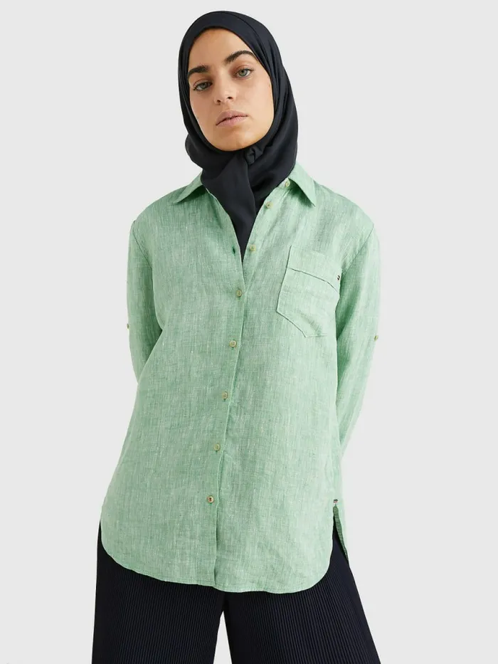 Tommy Hilfiger Linen Longline Relaxed Fit Shirt Botanical Green Womens Shirts and Blouses Gift 4 You Tommy Hilfiger Linen Longline Relaxed Fit Shirt Botanical Green Womens Shirts and Blouses Gift 4 You