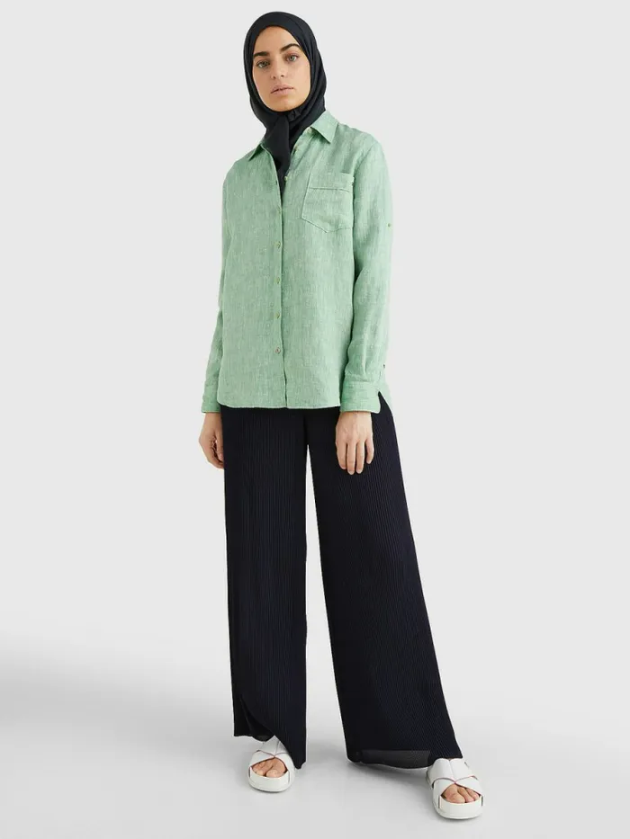 Tommy Hilfiger Linen Longline Relaxed Fit Shirt Botanical Green Womens Shirts and Blouses Gift 4 You