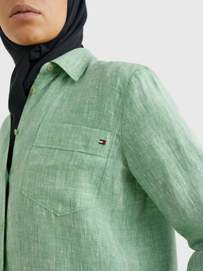 Tommy Hilfiger Linen Longline Relaxed Fit Shirt Botanical Green Womens Shirts and Blouses Gift 4 You