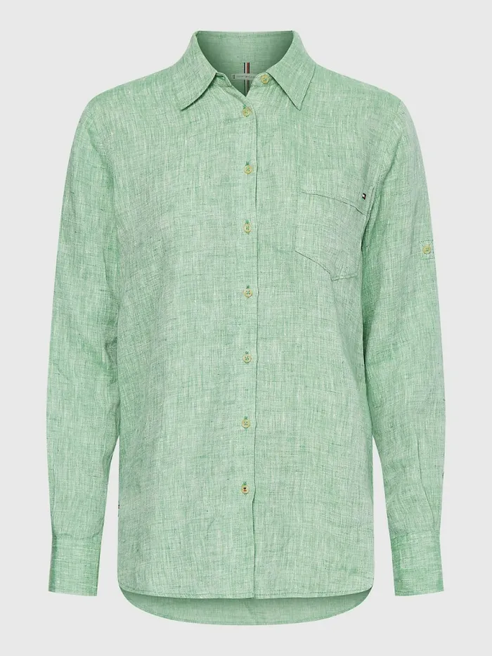 Tommy Hilfiger Linen Longline Relaxed Fit Shirt Botanical Green Womens Shirts and Blouses Gift 4 You