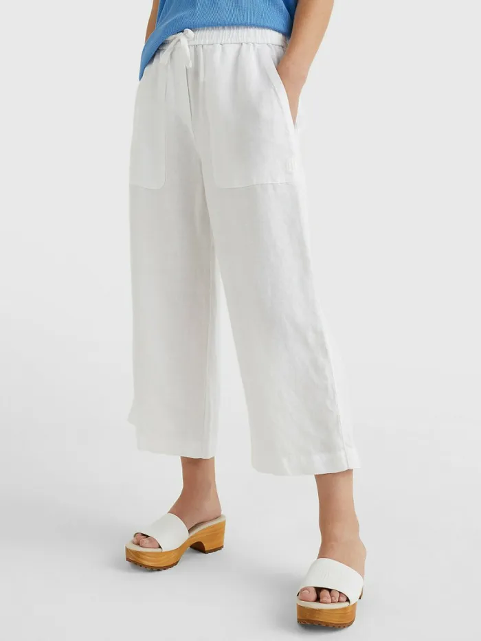 Tommy Hilfiger Linen Wide Leg AnkleLength Trousers White Womens Trousers
