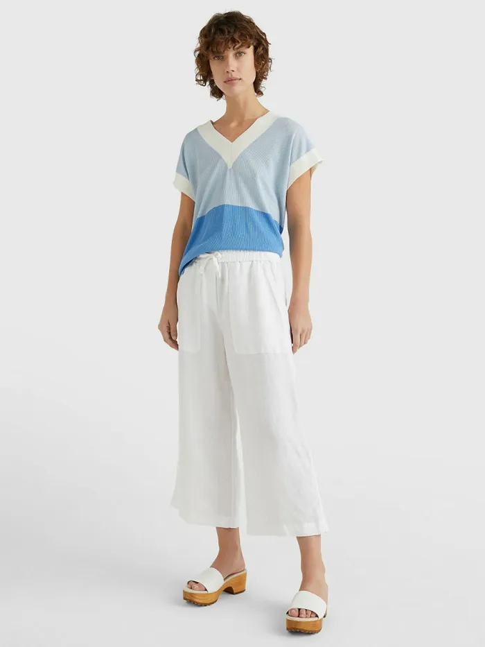 Tommy Hilfiger Linen Wide Leg AnkleLength Trousers White Womens Trousers