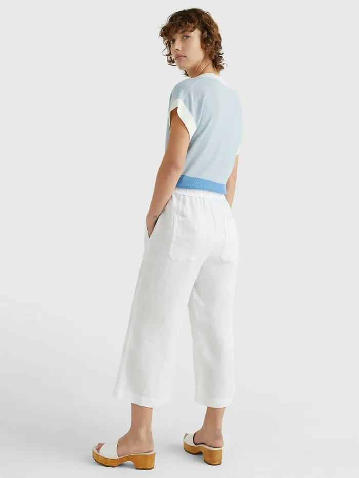 Tommy Hilfiger Linen Wide Leg AnkleLength Trousers White Womens Trousers