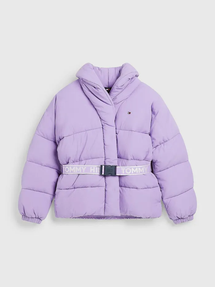 Tommy Hilfiger Logo Belt Recycled Puffer Violet Viola Girls Coats and Jackets Cheap On Sale