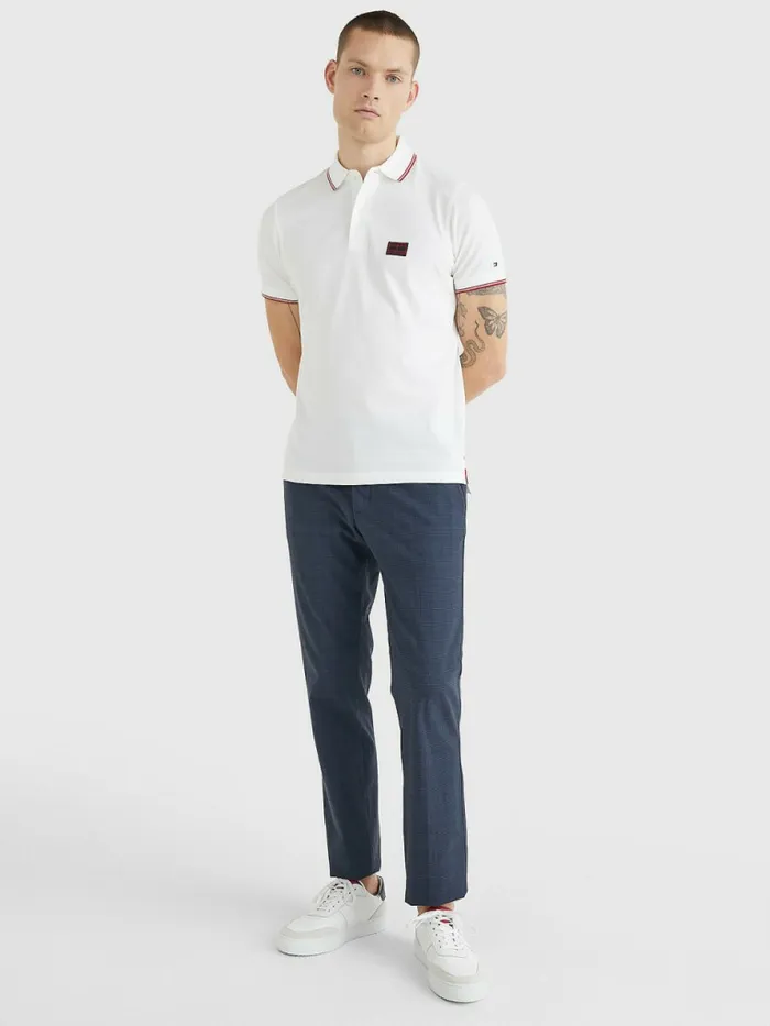 Tommy Hilfiger Logo Contrast Tipped Slim Polo White Mens Polo Shirts Online