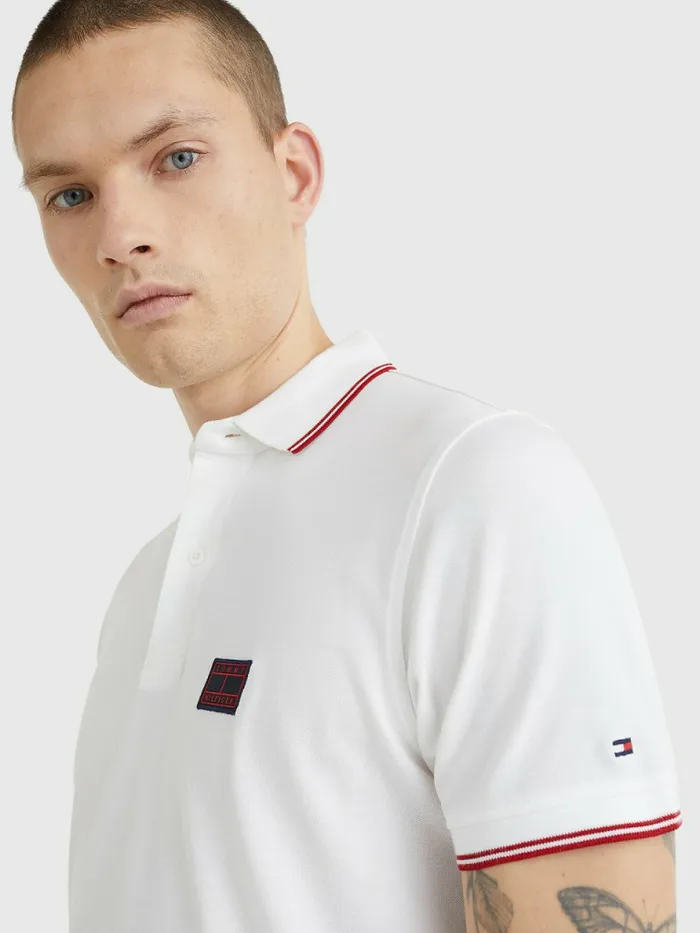 Tommy Hilfiger Logo Contrast Tipped Slim Polo White Mens Polo Shirts Online