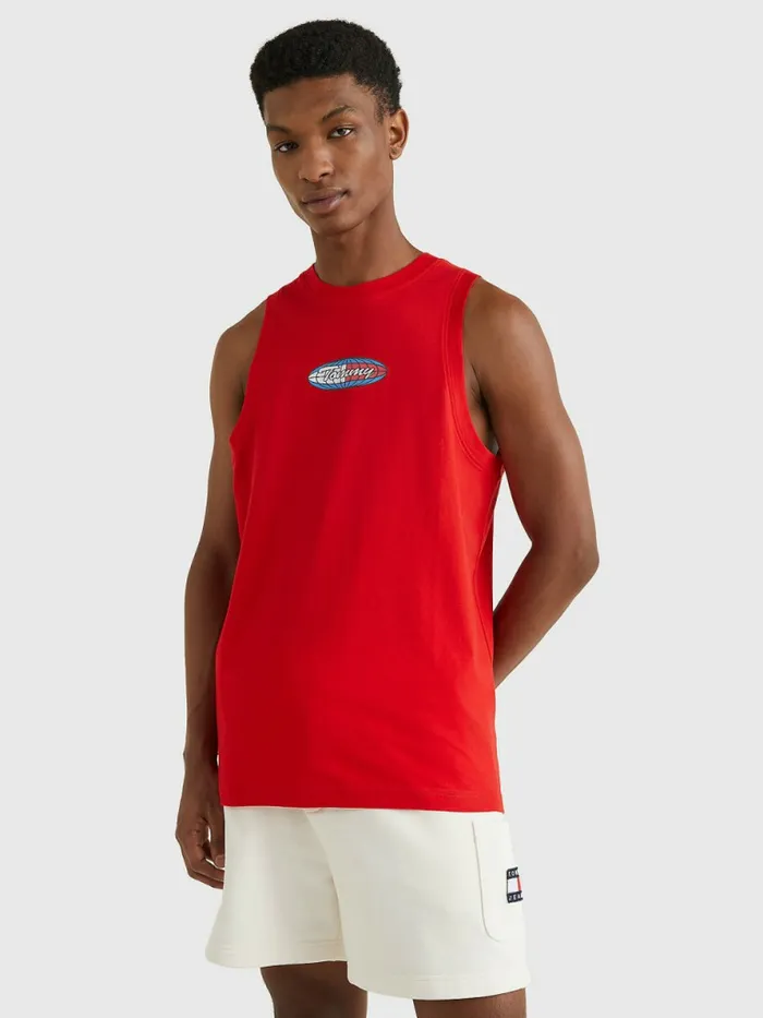 Tommy Hilfiger Logo Graphic Relaxed Fit Sleeveless Vest Deep Crimson Mens TShirts Sale Tommy Hilfiger Logo Graphic Relaxed Fit Sleeveless Vest Deep Crimson Mens TShirts Sale