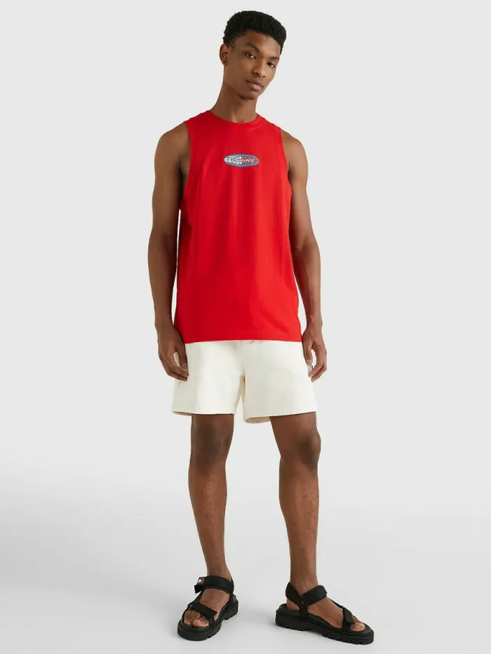 Tommy Hilfiger Logo Graphic Relaxed Fit Sleeveless Vest Deep Crimson Mens TShirts Sale