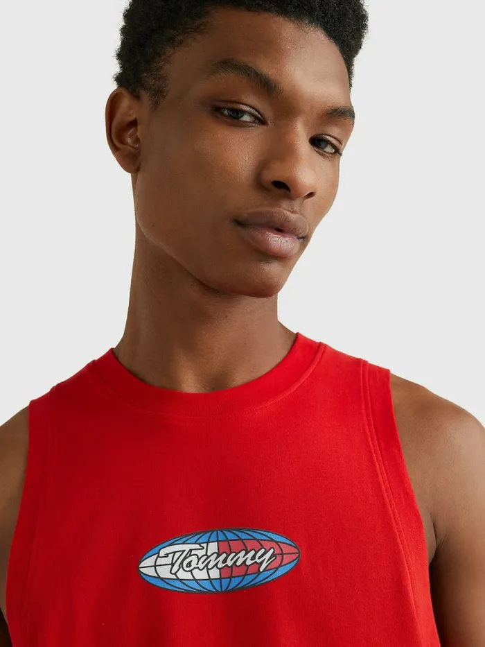 Tommy Hilfiger Logo Graphic Relaxed Fit Sleeveless Vest Deep Crimson Mens TShirts Sale