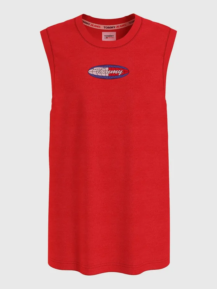 Tommy Hilfiger Logo Graphic Relaxed Fit Sleeveless Vest Deep Crimson Mens TShirts Sale