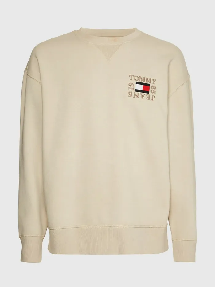 Tommy Hilfiger Logo Patch Fleece Sweatshirt Savannah Sand Mens Sweatshirts and Hoodies Gift for Friend