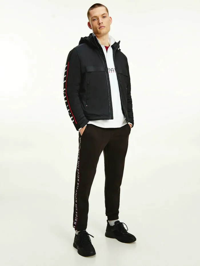 Tommy Hilfiger Logo Sleeve Removable Hood Jacket Black Mens Coats and Jackets Sale Tommy Hilfiger Logo Sleeve Removable Hood Jacket Black Mens Coats and Jackets Sale