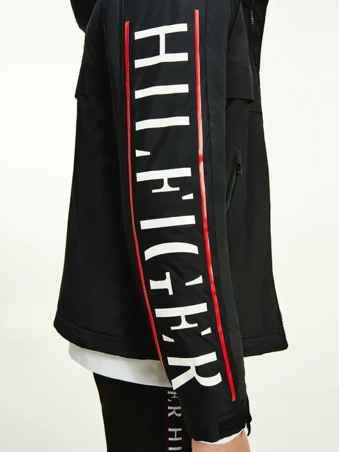 Tommy Hilfiger Logo Sleeve Removable Hood Jacket Black Mens Coats and Jackets Sale