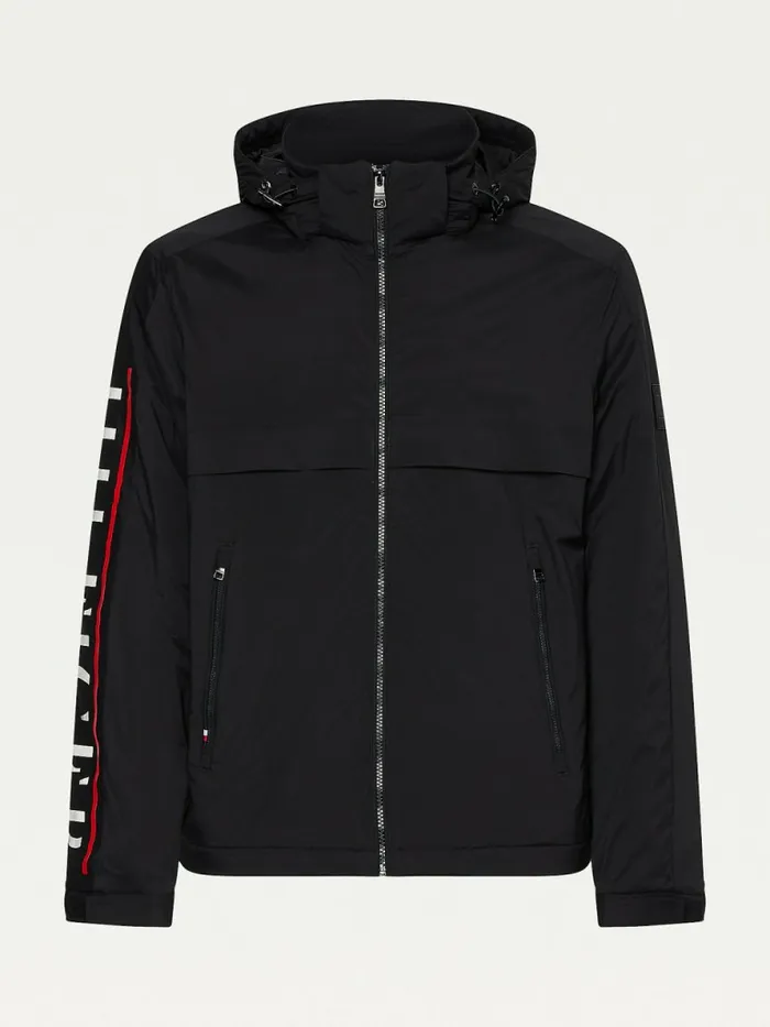 Tommy Hilfiger Logo Sleeve Removable Hood Jacket Black Mens Coats and Jackets Sale
