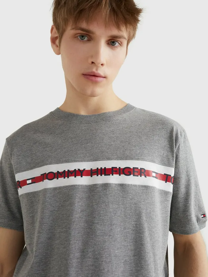 Tommy Hilfiger Logo Stripe TShirt Medium Grey Heather Mens Loungewear and Nightwear
