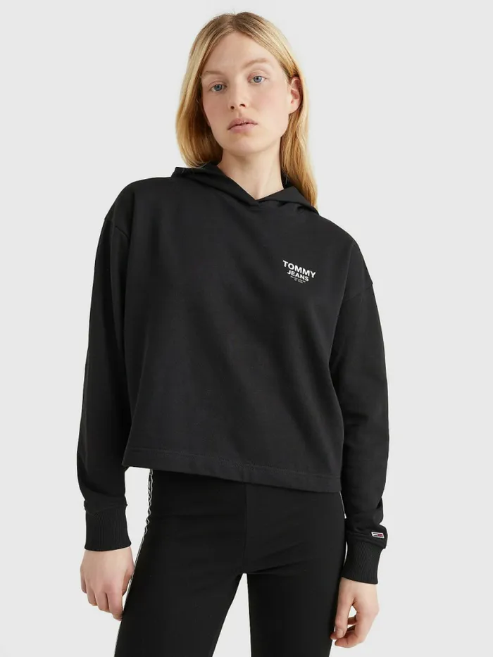 Tommy Hilfiger Logo Tape Cropped Boxy Hoody Black Womens Sweatshirts and Hoodies Casaul Tommy Hilfiger Logo Tape Cropped Boxy Hoody Black Womens Sweatshirts and Hoodies Casaul