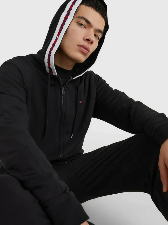 Tommy Hilfiger Logo Tape ZipThru Hoody Black Mens Sweatshirts and Hoodies Cheap On Sale