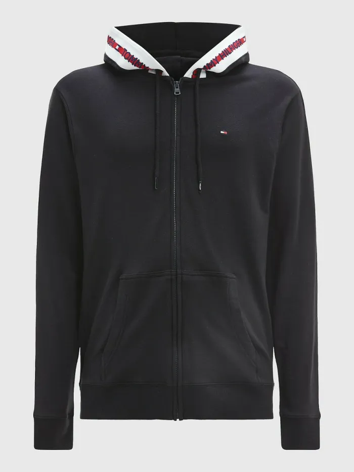 Tommy Hilfiger Logo Tape ZipThru Hoody Black Mens Sweatshirts and Hoodies Cheap On Sale