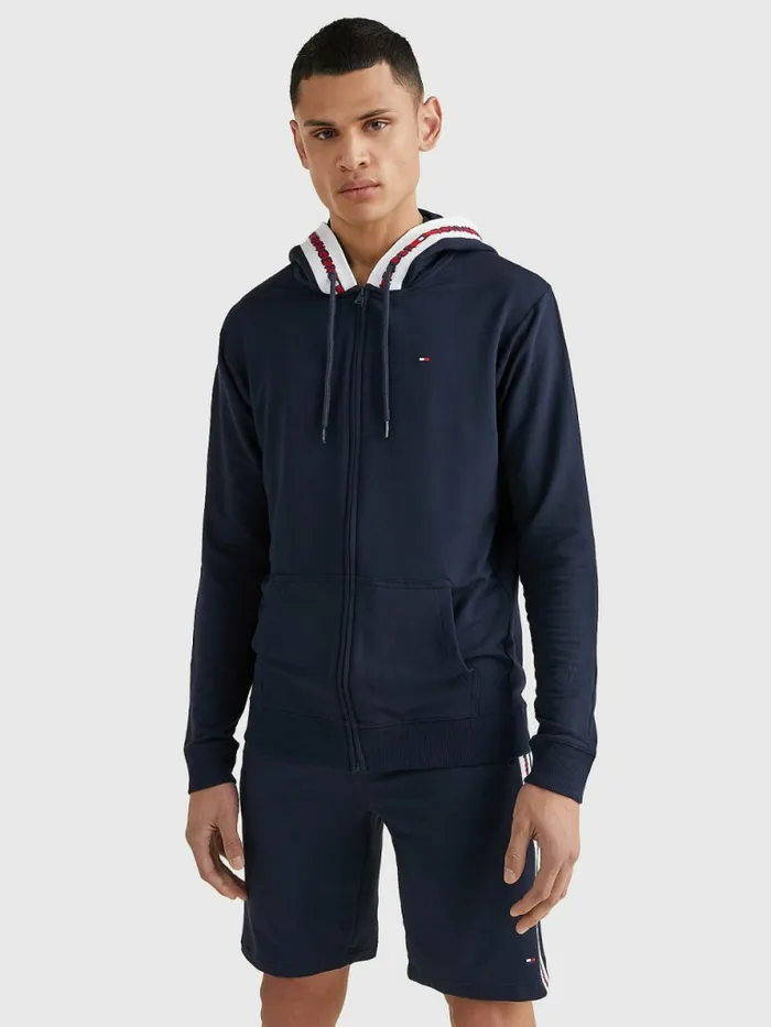 Tommy Hilfiger Logo Tape ZipThru Hoody Desert Sky Mens Loungewear and Nightwear Tommy Hilfiger Logo Tape ZipThru Hoody Desert Sky Mens Loungewear and Nightwear