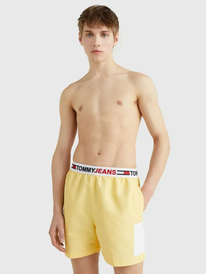 Tommy Hilfiger Logo Waistband Mid Length Swim Shorts Delicate Yellow Mens Swimwear Cheap On Sale