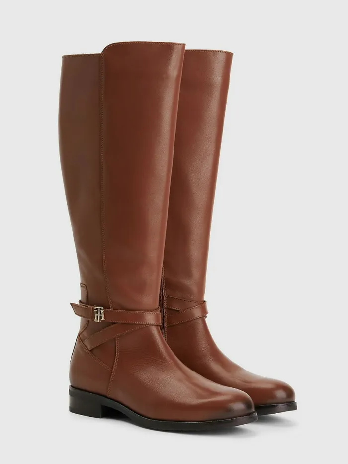 Tommy Hilfiger Long Leather Th Monogram Boots Winter Cognac Womens Boots Near Me