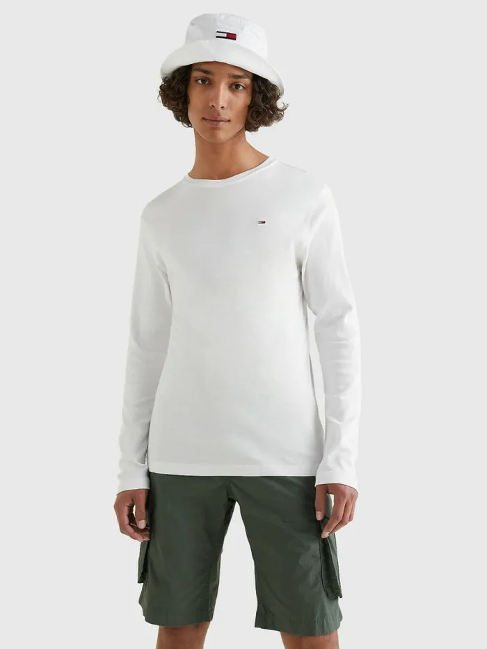 Tommy Hilfiger Long Sleeved Ribbed Organic Cotton TShirt Classic White Mens Essentials Tommy Hilfiger Long Sleeved Ribbed Organic Cotton TShirt Classic White Mens Essentials