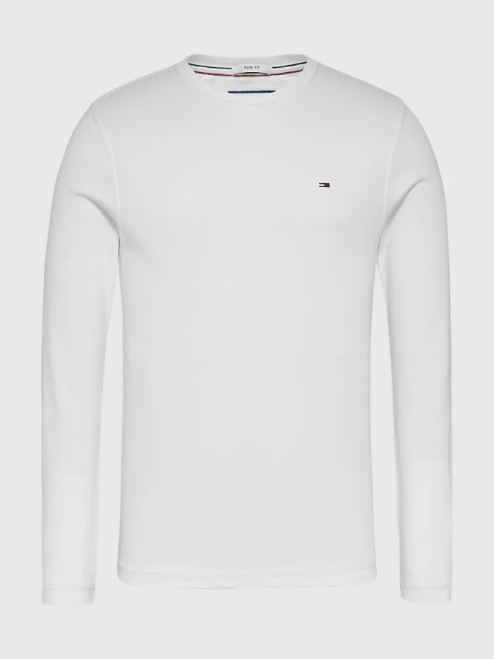 Tommy Hilfiger Long Sleeved Ribbed Organic Cotton TShirt Classic White Mens Essentials